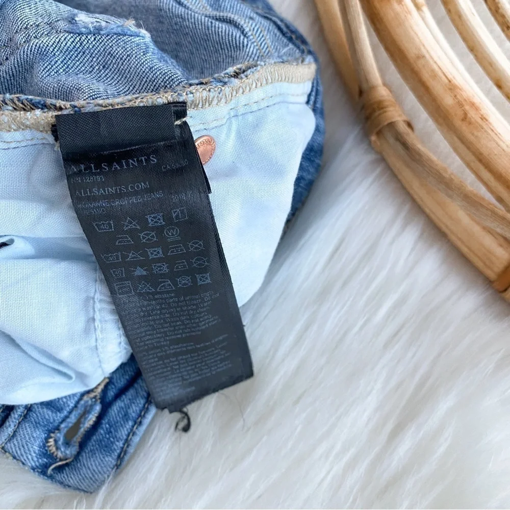 All Saints Roxanne Cropped Jeans Blue Raw Hem Distressed High Waisted Waist 28